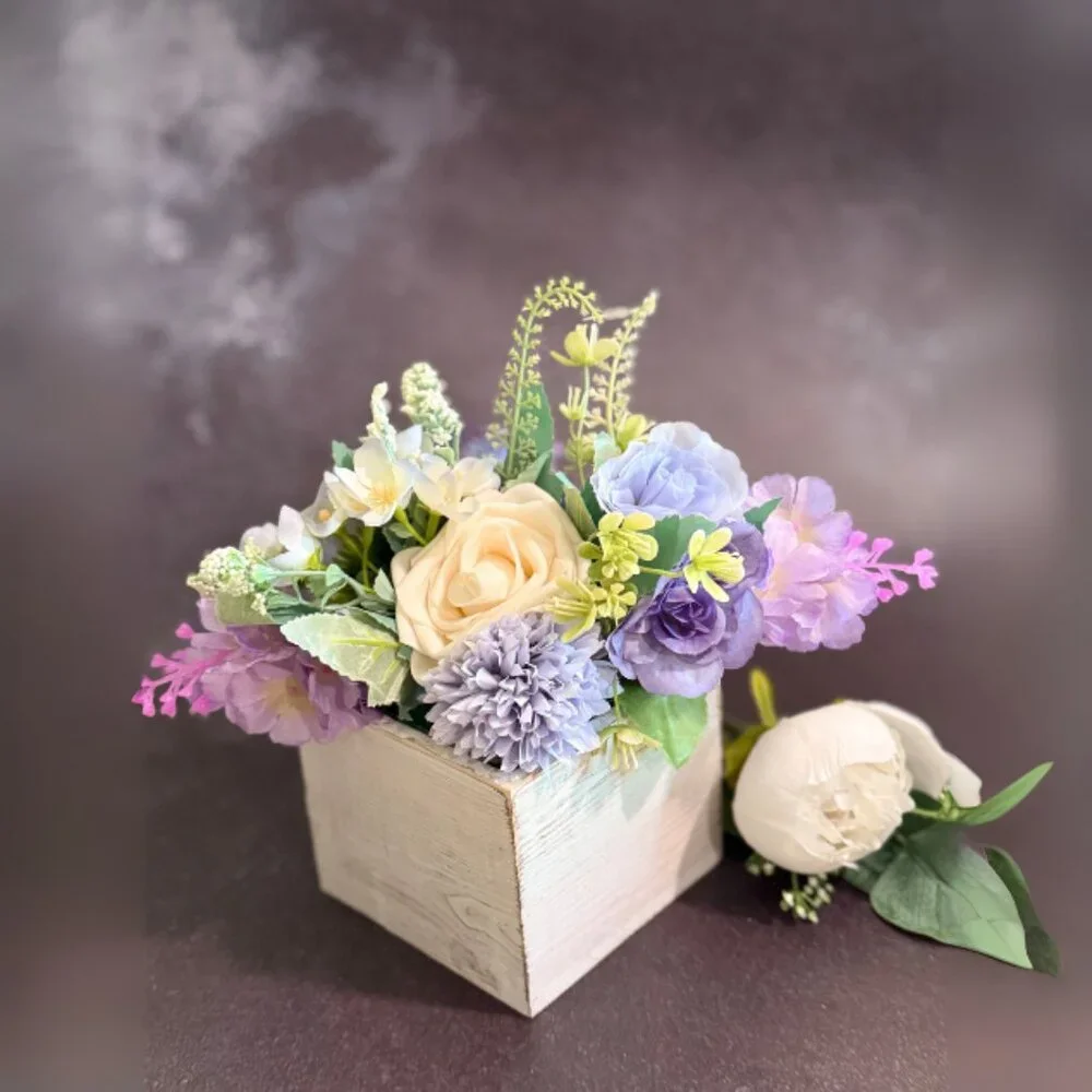 Faux Floral Arrangement in Rustic Wooden Box – Home or Office Decor